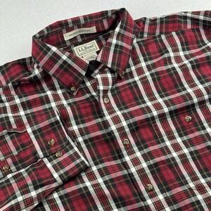 LL BEAN‎ Red Plaid Flannel Button Down Wrinkle Resistant Shirt Sz L Cotton/wool